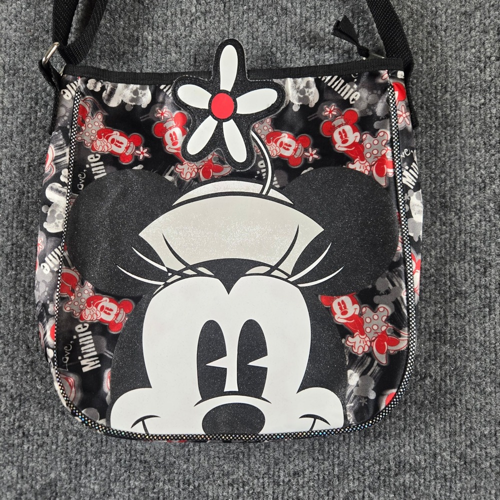 Disney Minnie Mouse Crossbody Bag Girls Small Black Red Glitter Flower